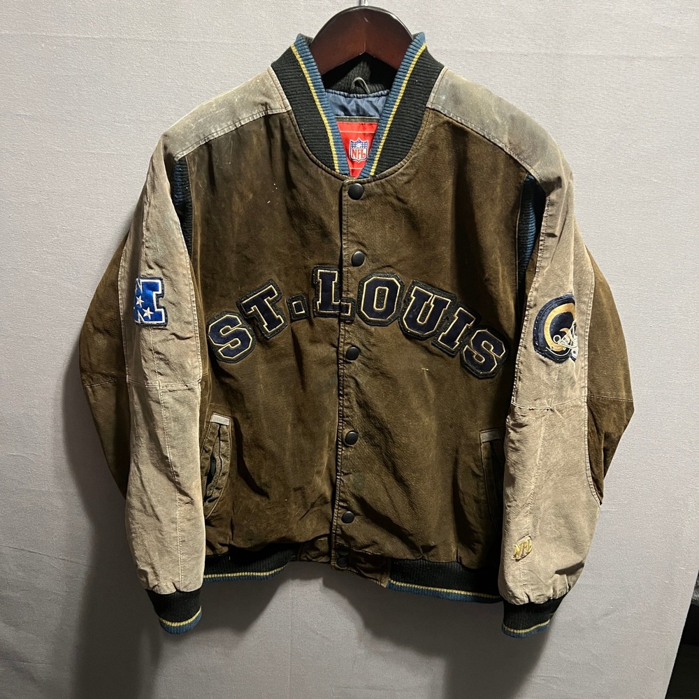 Vintage NFL St Louis Rams Leather Varsity Jacket Brown Tan XL Distressed